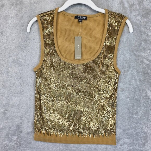J.CREW Tops - J.Crew Sequin Tank Top Womens Small Gold Scoop Neck Knit Sleeveless Party CD115